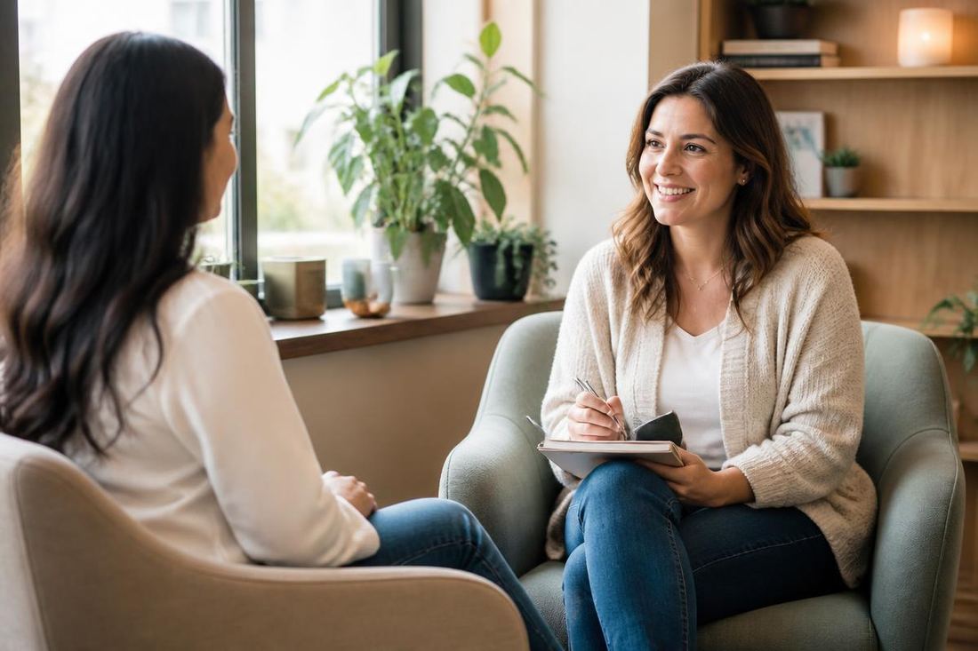 A one-to-one wellness coaching session in a bright room with plants
