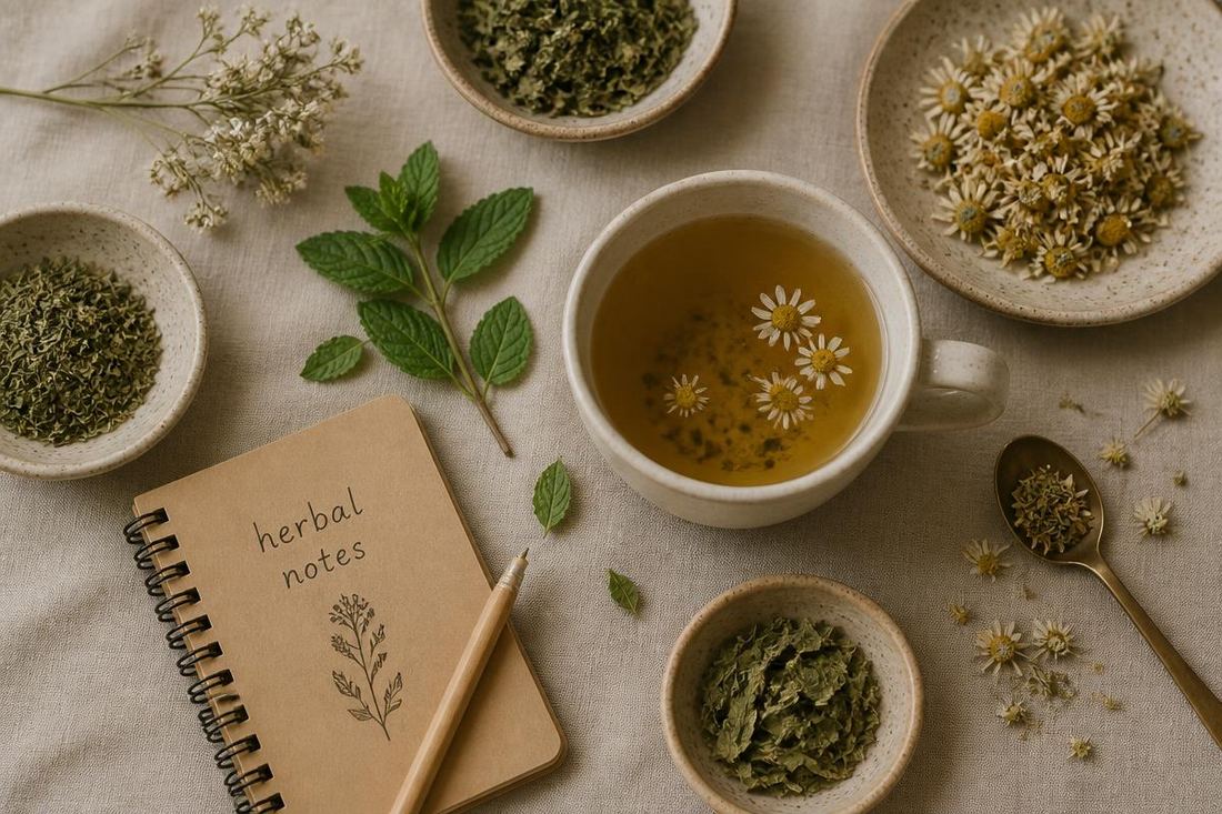 Dried chamomile, mint and nettle in ceramic bowls beside a cup of tea