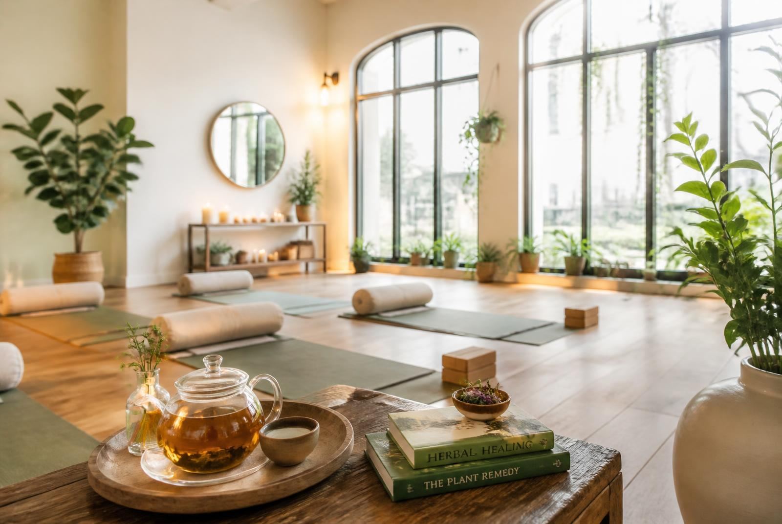 The sunlit main room of the Zdrave & Schtastie studio in Marietta, Ohio, with green mats, plants and a pot of herbal tea