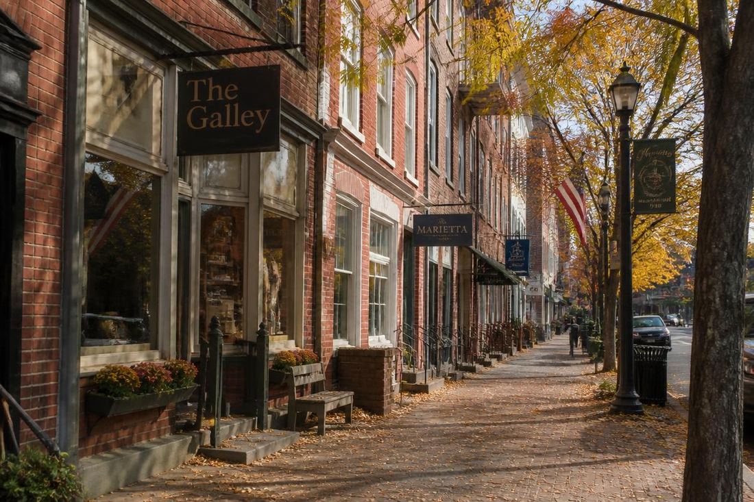 Brick storefronts on a Marietta, Ohio street near the studio