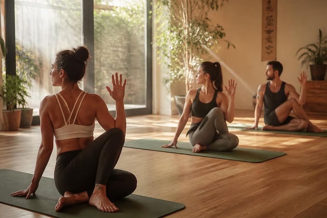 A calm sunlit studio room used for evening wind-down practice