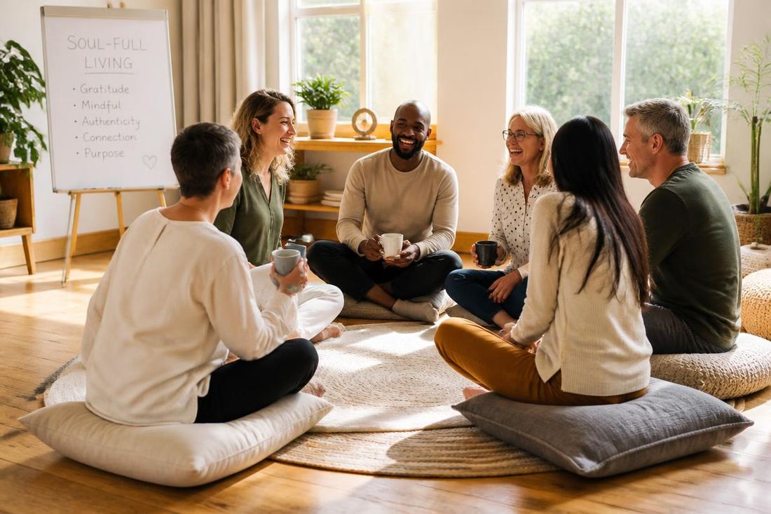 A small group sitting in a circle practising breathing exercises